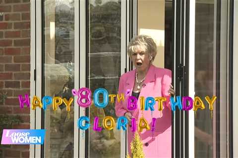 Loose Women’s Gloria Hunniford celebrates her 80th birthday as she drinks champagne on a throne at..