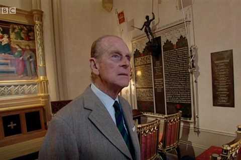 Prince Philip gives tour of small private chapel at Windsor where his body now lies before funeral..