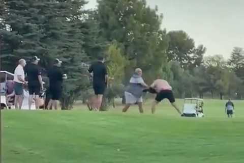 Watch as wild brawl breaks out on golf course as one shirtless man attacks another with flagstick..