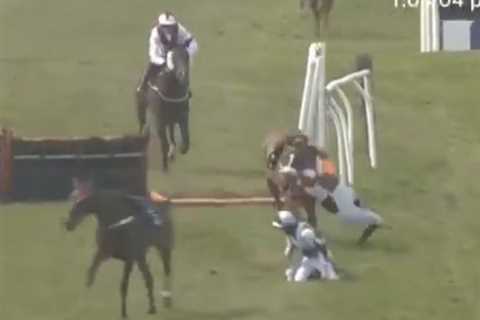 Watch terrifying moment champion jockey Brian Hughes is barged over by loose horse during carnage..