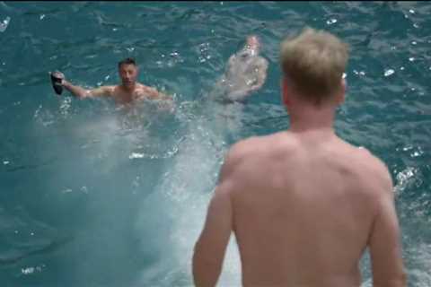 Gino D’Acampo is left stark naked as his pants fall off after he dives into the sea in TV gaffe