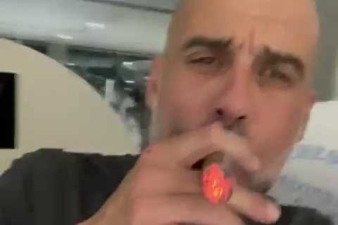 Watch Pep Guardiola smoke victory cigar and belt out Oasis classic Don’t Look Back in Anger