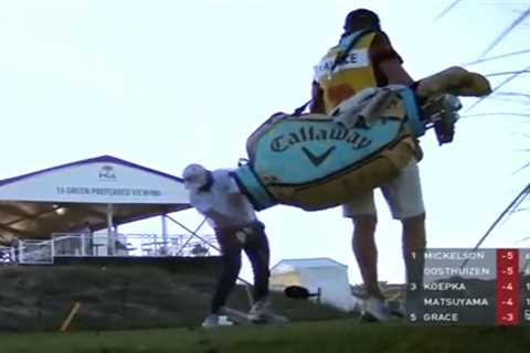 Watch furious golfer Van Rooyen BREAK club on tee marker after water shot as Paige Spiranac takes..
