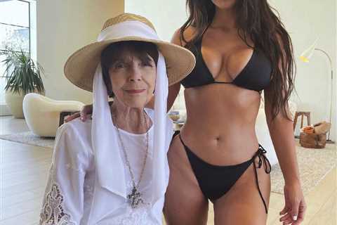 Kim Kardashian strips down to a teeny black bikini while posing alongside grandmother MJ