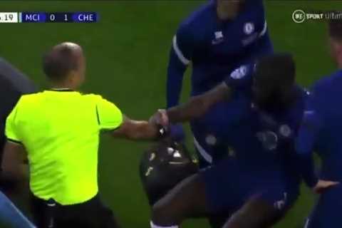 Watch as Chelsea star Antonio Rudiger is helped up by ref before smoothly being handed yellow..