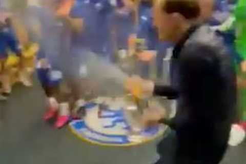 Watch Thomas Tuchel soak his Chelsea heroes in champagne as Blues get the party started after epic..