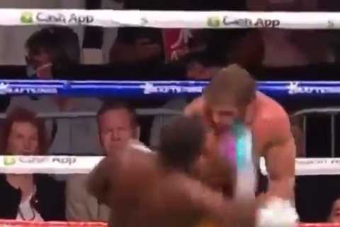 Watch as Floyd Mayweather appears to hold Logan Paul up after ‘knocking him out’ with vicious right ..