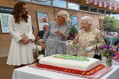 Kate Middleton giggles as Queen refuses offer of knife and cuts cake with SWORD saying ‘this is..