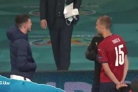 Rice handed face mask as he chats to Czech Republic’s West Ham stars after Mount and Chilwell’s..