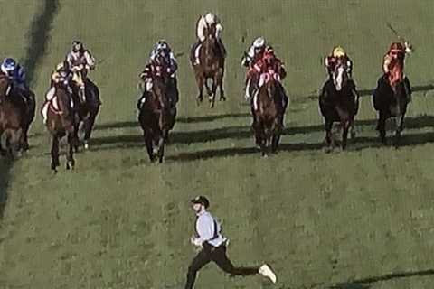 Watch ridiculous moment ‘imbecile’ track invader risks life and limb by running in front of horses..