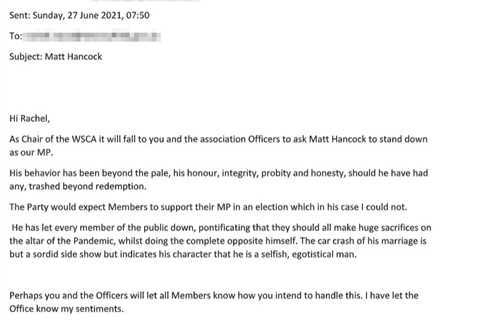 Matt Hancock branded ‘selfish and egotistical’ in  blistering letter demanding he is axed as MP