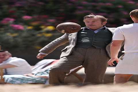 Bradley Walsh shows off his footy skills as he has a kickabout on the set of the Darling Buds of..