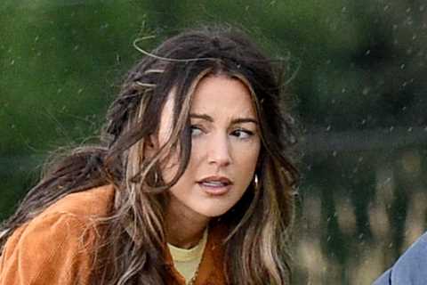 Michelle Keegan looks shocked as she films in a thunderstorm for Brassic after Majorca break with..