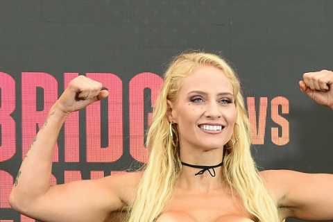 Watch Eddie Hearn hilariously avoid looking at Ebanie Bridges as boxing beauty wows crowd in..