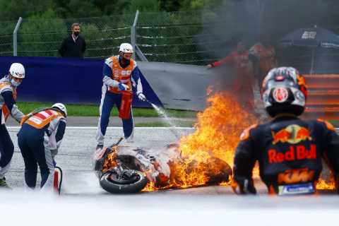 MotoGP stars in horror fireball crash as bikes go up in flames and Italian rider Savadori is..