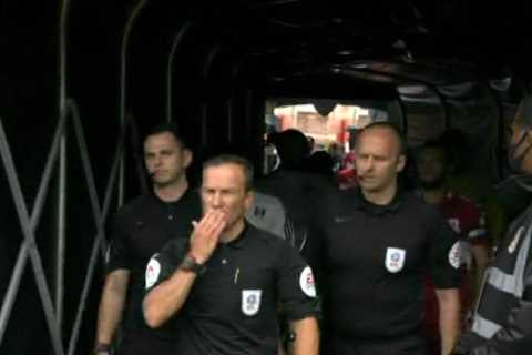 Watch bizarre moment referee Keith Stroud blows KISS to match ball at Fulham against Middlesbrough..