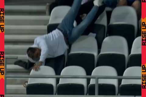 Watch fan take incredible catch from humongous Liam Livingstone six before falling over and necking ..