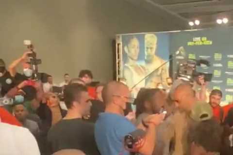 Watch ‘hell break loose’ in melee at Jake Paul &amp; Tyron Woodley face-off as YouTuber’s team..