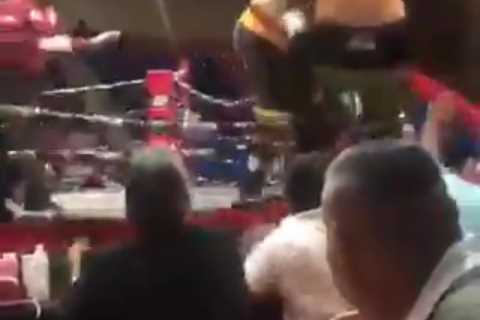Watch crazy moment Anthony Joshua’s ex-opponent Eric Molina is sent tumbling as ring COLLAPSES..