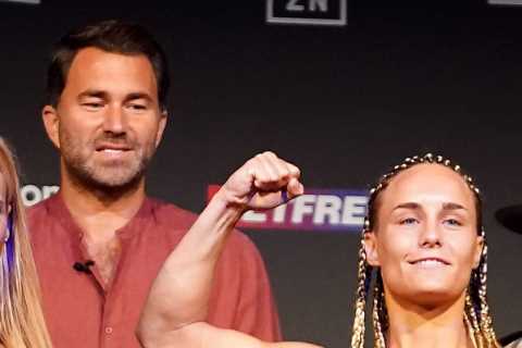 Ebanie Bridges strips to underwear and holds ‘Leeds’ scarf for weigh-in ahead of Headingley fight..