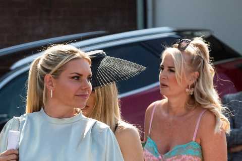 Glam lady racegoers make the most of the heatwave as they arrive at Doncaster races in ultimate..