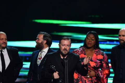 Ricky Gervais takes cheeky swipe at NTAs host Joel Dommett as he picks up gong for Netflix hit..