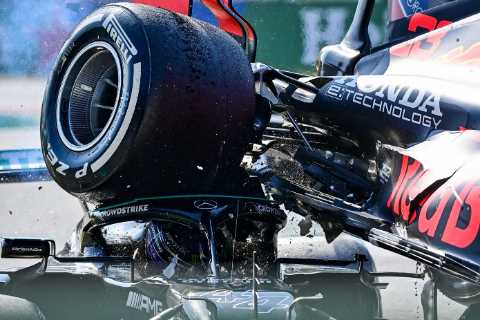 Hamilton says Verstappen’s car ‘landed on my head, I’m a bit sore’ after horror crash at Italian GP