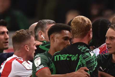 Carnage at Stoke against Barnsley as THREE sent off at end including coach Rory Delap in mass..