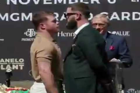 Canelo Alvarez leaves Caleb Plant covered in BLOOD after furious scrap at spectacular pre-fight..