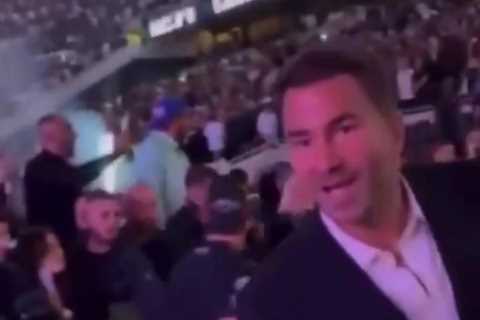 Watch Eddie Hearn square up to fan after being called ‘p***y’ immediately after Anthony Joshua’s..