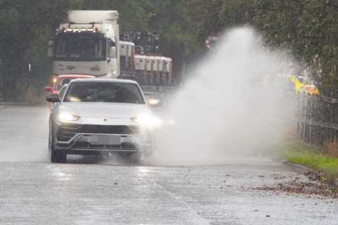 Cristiano Ronaldo causes huge splash as he drives through massive puddle in £160k Lamborghini on..