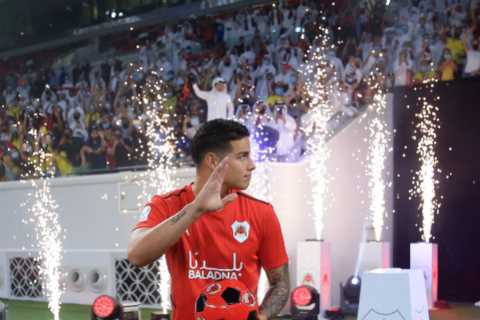 James Rodriguez looks unimpressed as he watches new team Al-Rayyan in action from the stands after..
