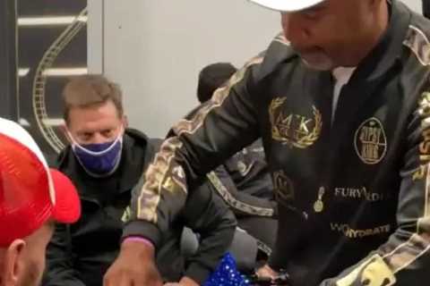 Watch Tyson Fury joke Deontay Wilder’s coach ‘missed the knuckle-dusters last time’ as he watches..