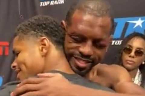 Watch Jamel Herring’s fuming wife give evil look at Shakur Stevenson despite battered husband..