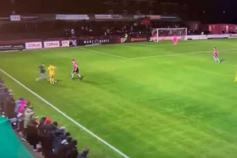 ‘Is he available on a free?’ Watch pitch invader’s crunching tackle during Altrincham’s clash..