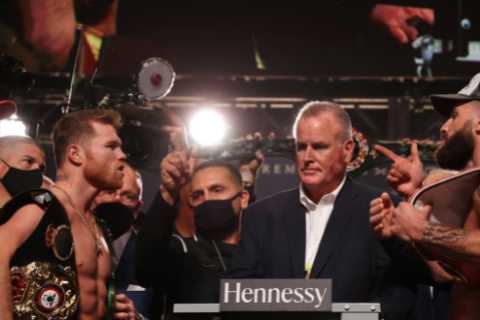 Canelo Alvarez and Caleb Plant denied face-off as Mike Tyson oversees fiery weigh-in before grudge..