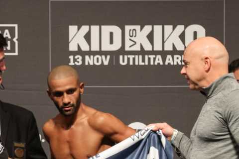 Kid Galahad strips and misses weight by one OUNCE but returns to scale inside featherweight limit..