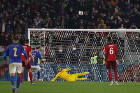 Watch Jorginho sky AWFUL added time penalty to cost Italy World Cup spot as Chelsea star ditches..