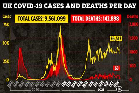Covid cases up almost a fifth in a week as 36,517 test positive and 63 more people die
