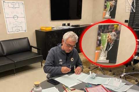 Proud Jose Mourinho still has picture of his Europa League win with Man Utd hanging up in Roma..