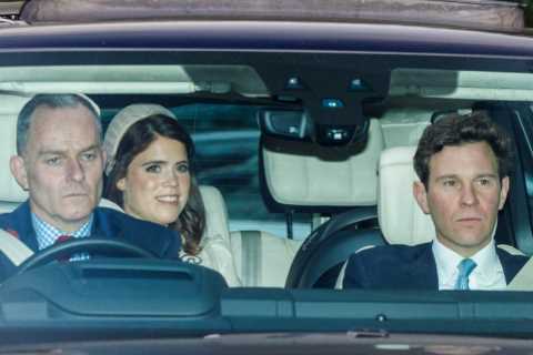 Princess Eugenie and husband Jack Brookbank arrive at Windsor chapel for double christening