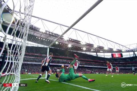 Watch Aubameyang somehow MISS from a yard out as Arsenal star’s rebound hits the post after Smith..