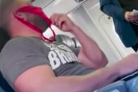 Shocking moment United Airlines passenger wears THONG on his face instead of Covid mask as he’s..