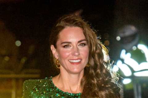 Thrifty Kate strikes again as she recycles green sequinned gown and gold earrings for date night..