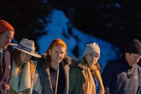 Sarah Ferguson walks arm in arm with Beatrice and Eugenie in Swiss ski resort as Prince Andrew..