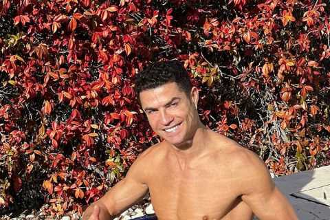 Cristiano Ronaldo poses in tiny swim shorts as he relaxes in pool at home after missing Man Utd..