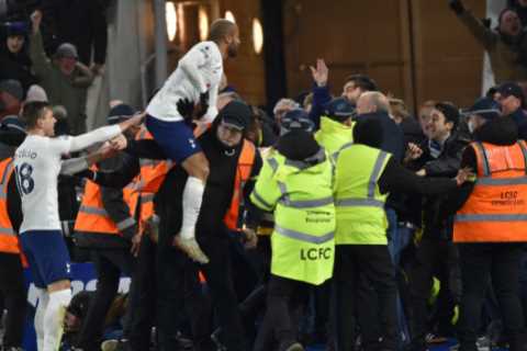 Moura leaps into steward’s arms as Tottenham celebrate last-gasp comeback win at Leicester as..