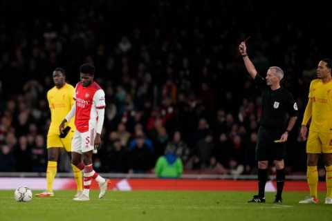 Thomas Partey sent off just 15 minutes after coming off bench as Arsenal star crashes out of two..
