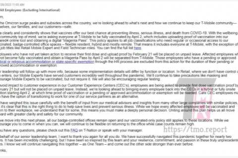 T-Mobile will fire all unvaccinated corporate staff in April, leaked note reveals
