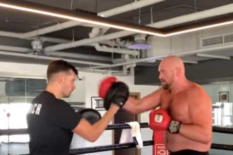 Watch topless Tyson Fury show off speed on pads as he claims he can beat Dillian Whyte ‘with one..